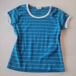 Newport Sportswear Striped T-Shirt Lace Trim Vintage 70s 80s Petite Size Good